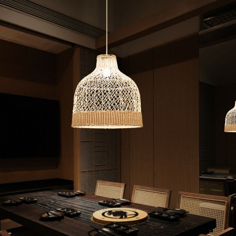 Handwoven Dome Pendant Light Fixture Chinese Rattan Fiber Single Bulb Ceiling Light for Dining Table