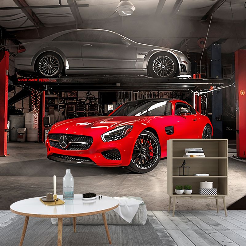 Red Car and Factory Wall Mural Stain-Resistant Wall Art for Car Shop