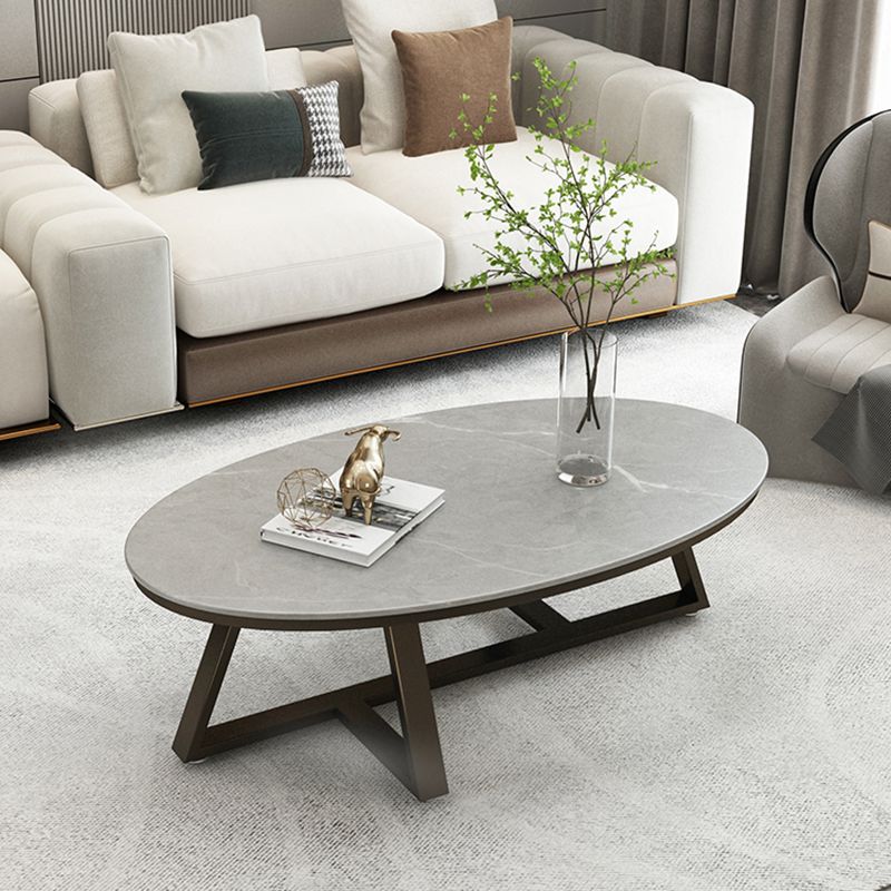 Glam Metal Cross Legs Coffee Table Faux Marble/Slate Oval Coffee Table