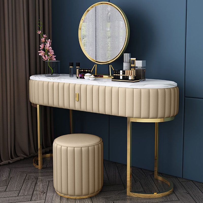 Glam Stone Top Oval Vanity Table with Metal Base Makeup Dressing Table