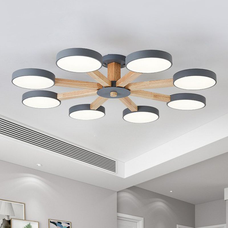 Radial Living Room Semi Flush Light Wooden 8 Heads Macaron Ceiling Flush Mount with Round Acrylic Shade