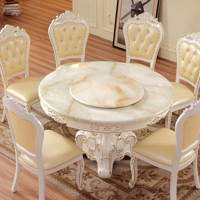 Solid Wood Victorian Round Dining Table Faux Marble Top Table with Wooden Pedestal