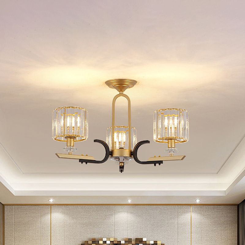 Drum Close to Ceiling Lamp Modernist Prismatic Crystal 3/6 Bulbs Gold Semi Flush Mount Chandelier