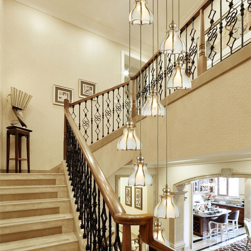 Colonial Spiral Ceiling Light 8 Bulbs Metal Cluster Pendant Lamp in Gold with Frosted Glass Shade