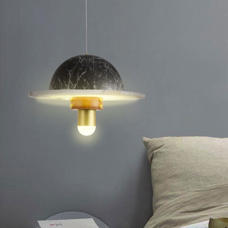 Novelty Postmodern UFO Shaped Pendant Light Marble Bedside LED Hanging Lamp in Gold