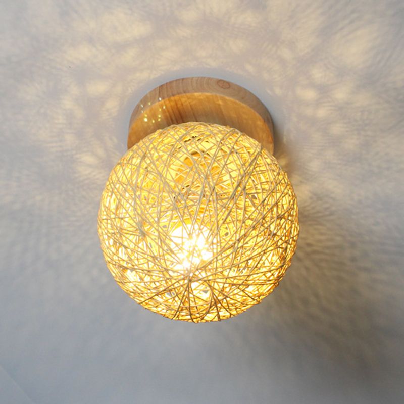 Lámpara de techo de ratán de 1 luz, montaje empotrado, color beige claro, estilo asiático, para dormitorio