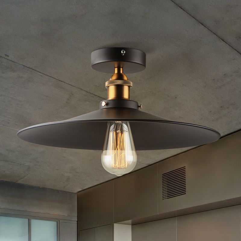 1 Light Round Shade Semi Flush Mount Light Industrial Iron Ceiling Lamp