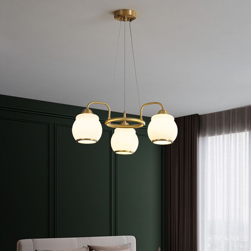 Modern Luxury Indoor Pendant Light Copper Geometric Chandelier with White Glass Shade