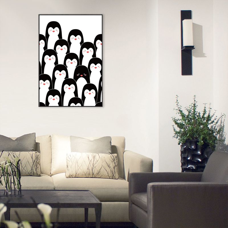 Kawaii Animal Canvas Wall Art for Child Bedroom, Black and White, Textured Surface