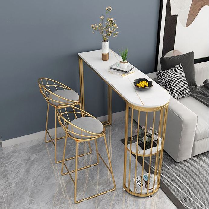 1/3 Pieces Glam Gold Iron Bar Table Set White Stone Top Bistro Set with Shelf