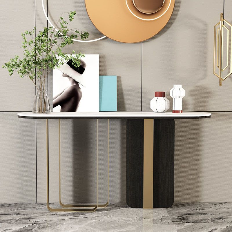 Glam Metal Console Sofa Table Oval Stone Console Accent Table for Hall