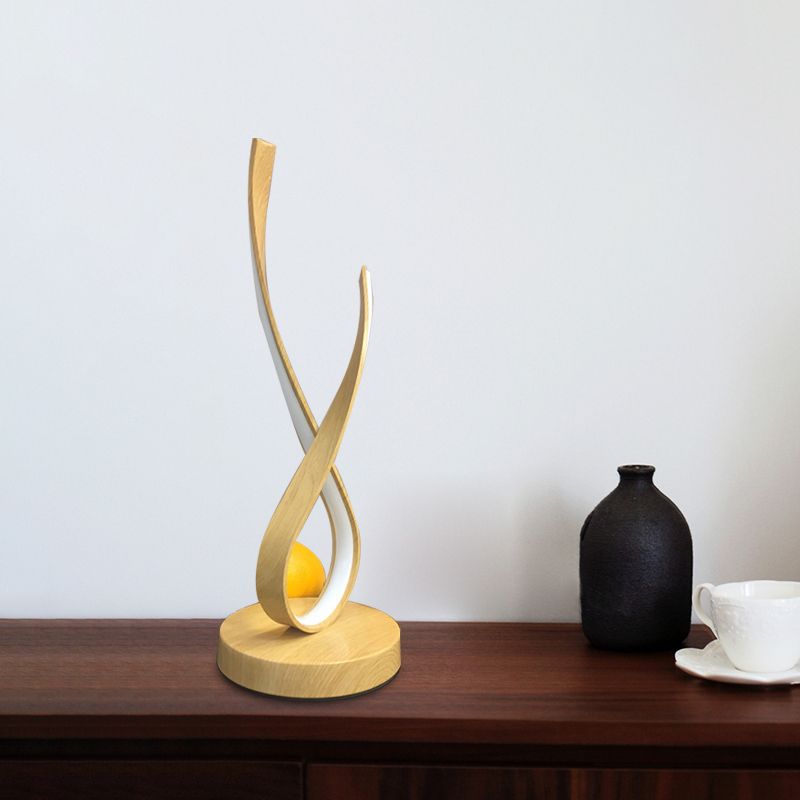 Beige Finish Twisted Desk Lighting Modernism LED Acrylic Nightstand Lamp, Wooden Base