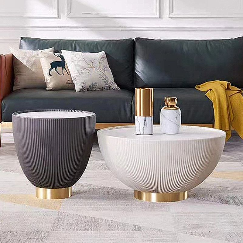 Slate Round Top Coffee Table Faux Leather Solid Base Cocktail Table