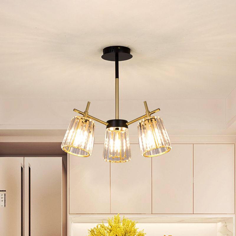 3/6-Light Semi Flush Minimalism Bedroom Flush Mount with Conical Crystal Block Shade in Gold