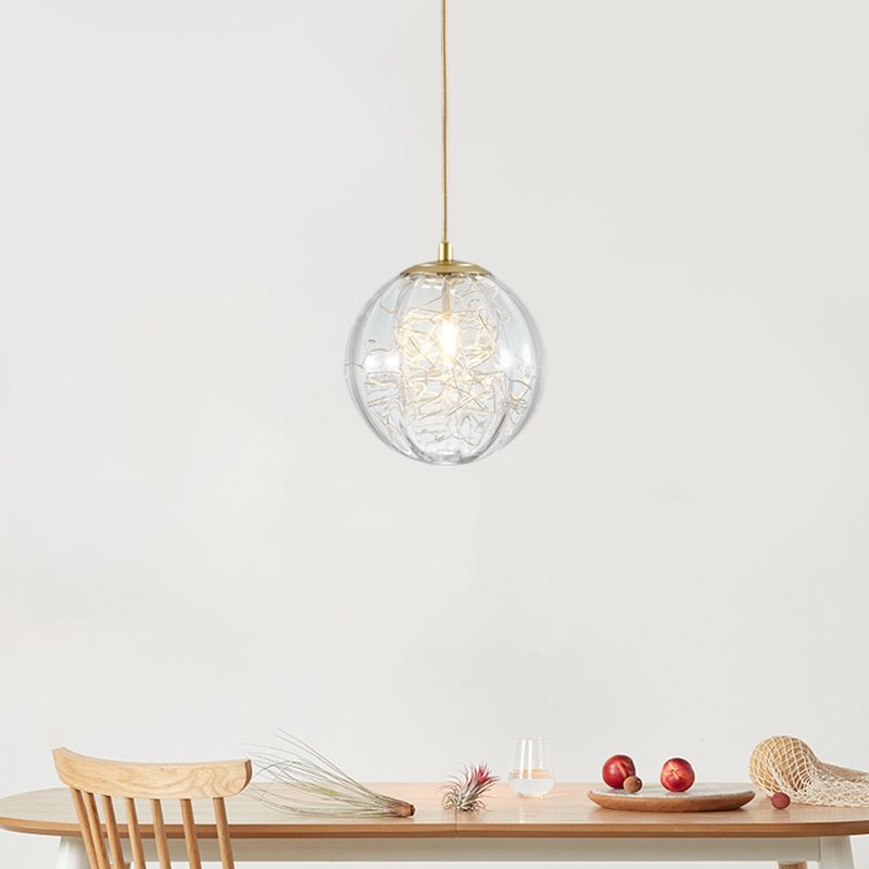 Brass Pumpkin Ball Ceiling Light Modern 1-Bulb Clear Glass Suspended Pendant Lamp for Bedside