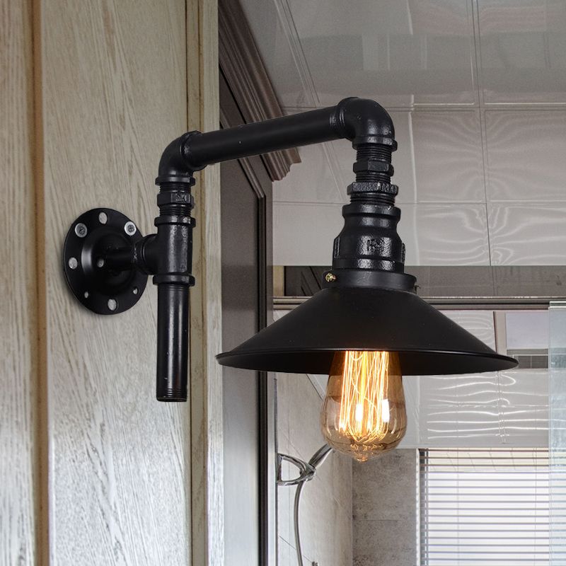 1 Bulb Iron Sconce Light Fixture Vintage Black Flared Restaurant Wall Mount Pipe Lamp with Right Angle Arm