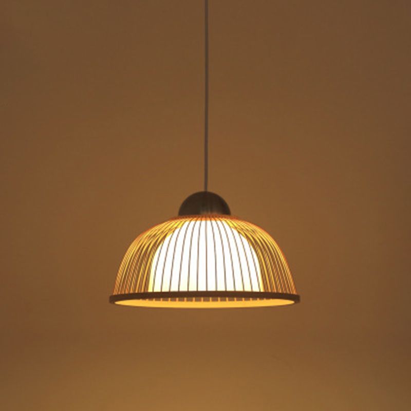 Hemispherical Bamboo Ceiling Light Asian Style 1 Bulb Wood Hanging Lamp for Restaurant