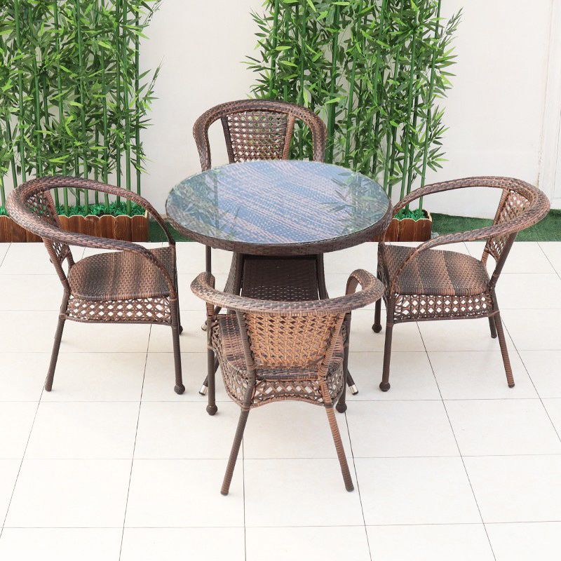 Tropical Brown Armed Chairs with Faux Rattan Open Back in Metel