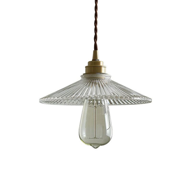 Cone Clear Ribbed Glass Hanging Lamp Vintage Single-Bulb Dining Room Lighting Pendant