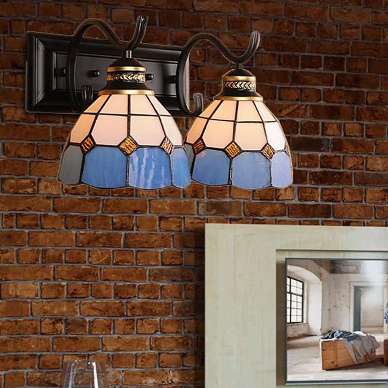 2 Lights Domed Wall Light Fixture Mediterranean Stained Glass Vanity Light in White/Black for Bathroom