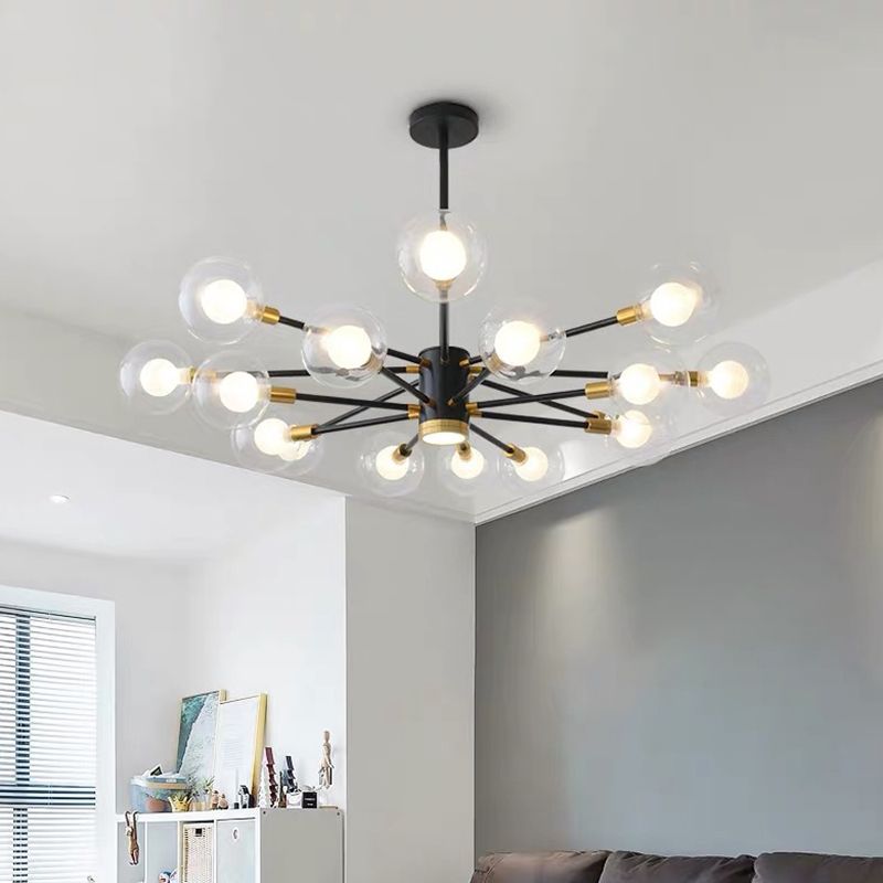 Modern Metal Radial Hanging Chandelier Light Spherical Clear Glass Shade Suspension Light in Black