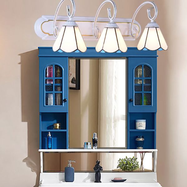 3 Heads Wall Mount Light Tiffany Cone White/Blue Glass Vanity Sconce Light for Bathroom