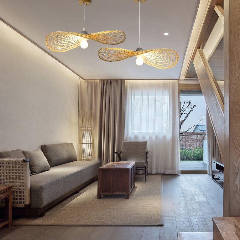Asia Hat Hanging Light Fixture Bamboo Living Room Suspension Pendant Light in Beige