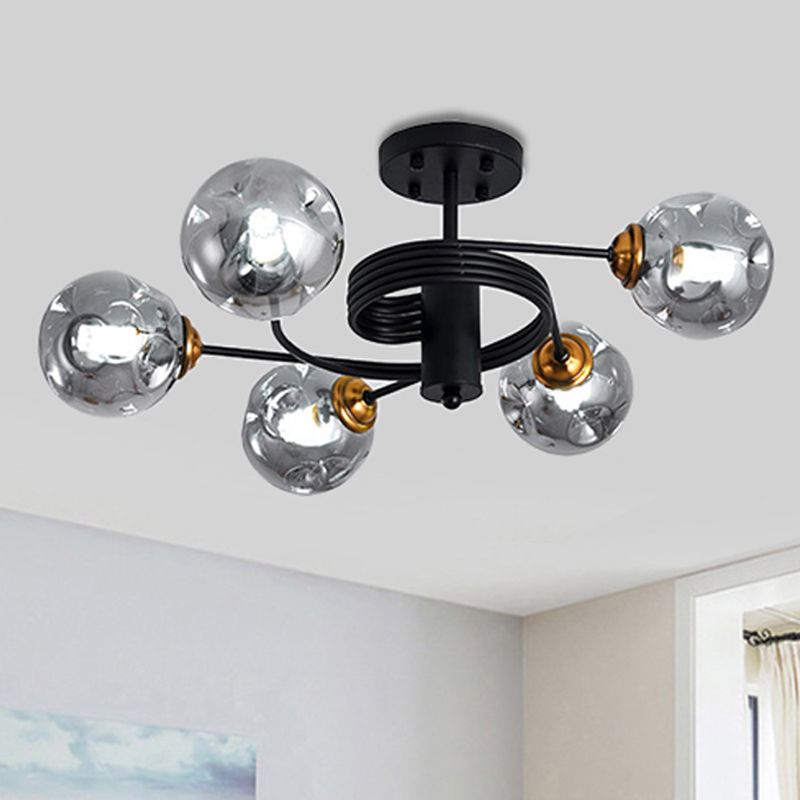 3/5 Lights Living Room Semi Flush with Ball Amber/Smoke Dimpled Blown Glass Shade Modernist Black Semi Flush Ceiling Light