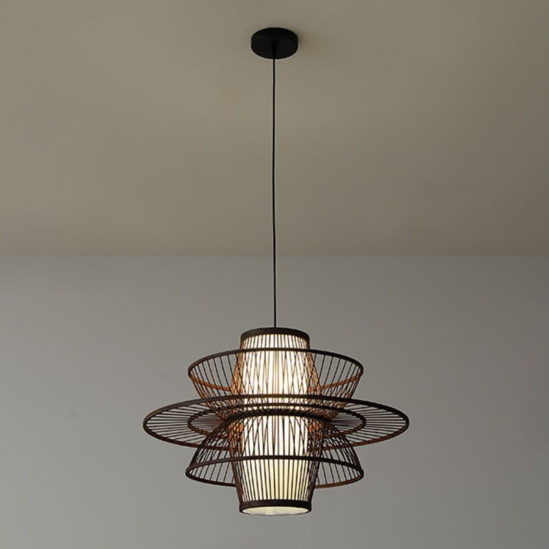 Wooden Geometrical Pendant Lamp Chinese 1 Head Coffee Suspended Lighting Fixture