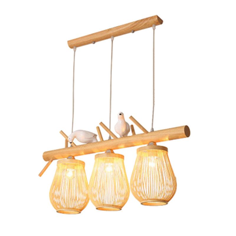 Nordic Style Pear-Shaped Pendant Light Bamboo Dining Room Hanging Island Light with Bird Decor in Wood