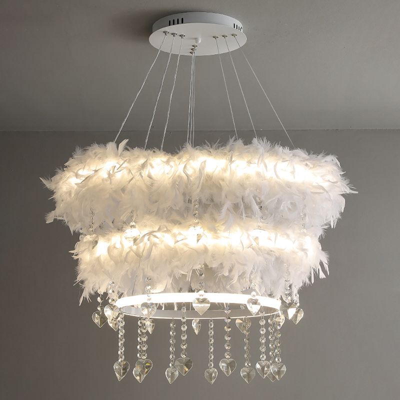 Tapered Feather Chandelier Pendant Nordic LED Hanging Light Fixture with Crystal Decor for Dining Room