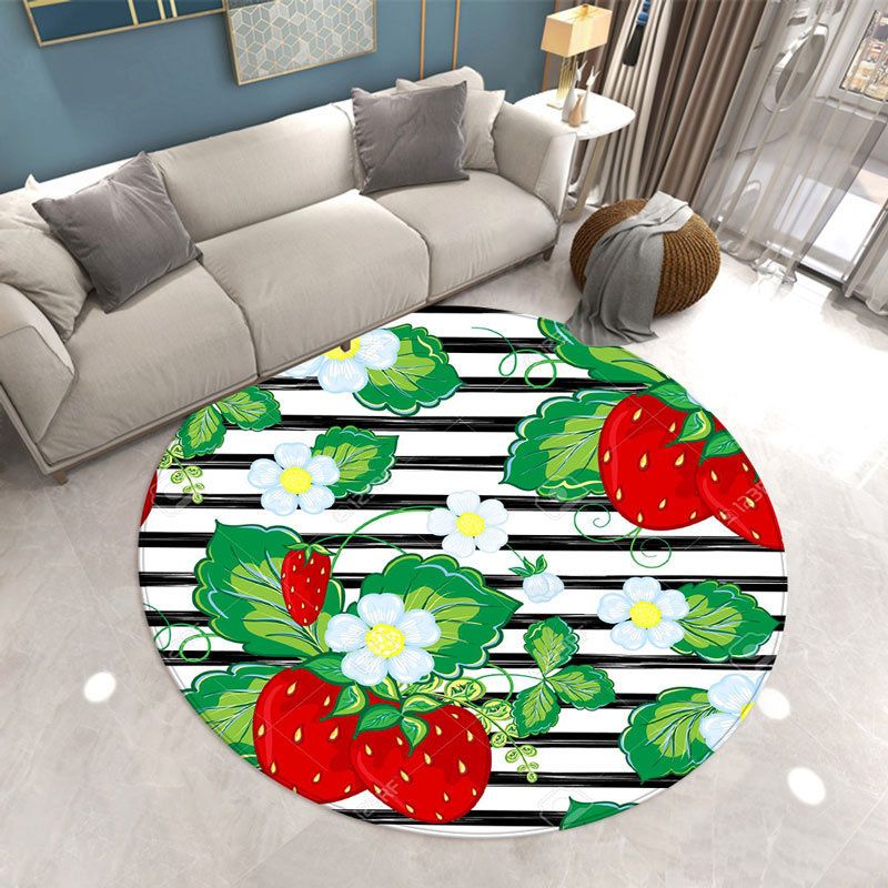 Round Strawberry Print Carpet Polyester Modern Rug Stain Resistant Indoor Carpet for Home Decoration
