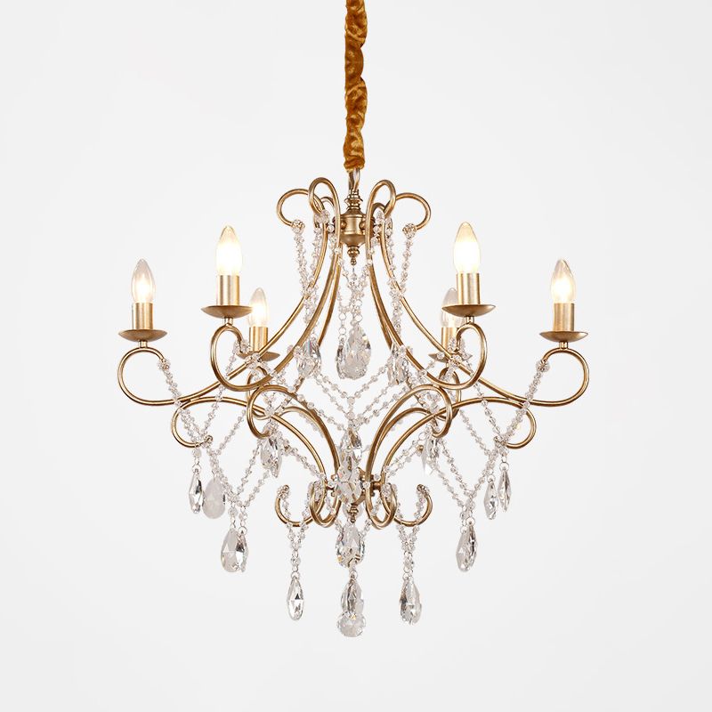 Gold Finish Ceiling Hang Light Vintage Metal Candlestick Chandelier with Crystal Strand
