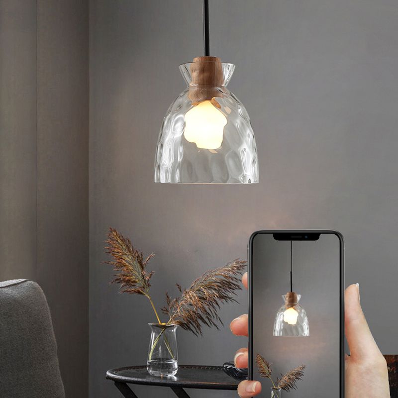 Ripple Glass Black Hanging Lamp in Modern Artistic Style Wooden Geometric Pendant Light