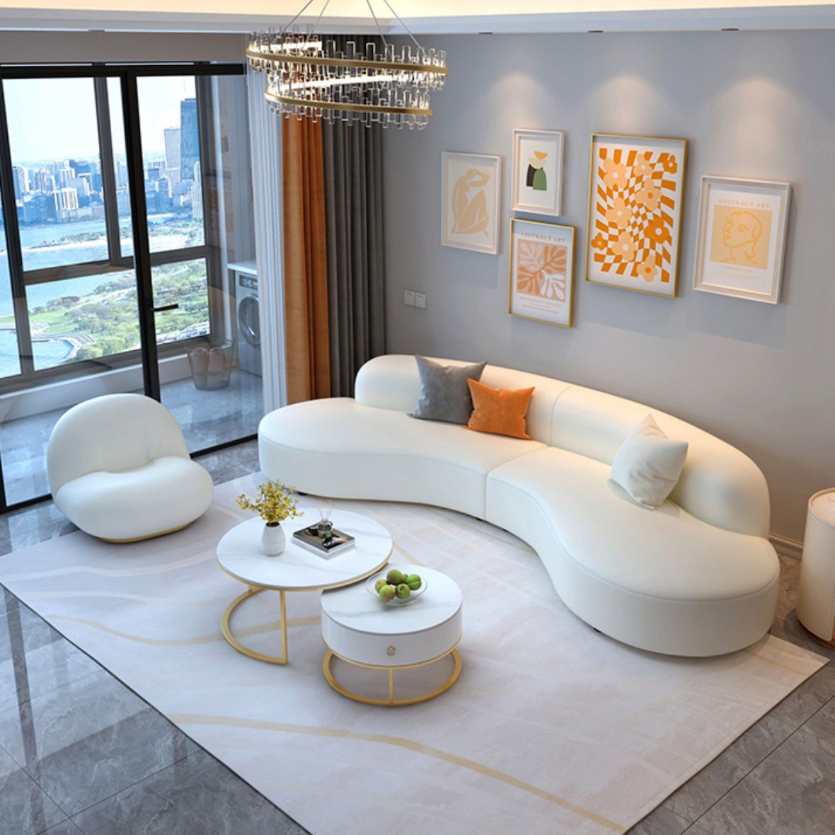 Scandinavian Beige Sectional Sofa with Tight Back Armless Sofa