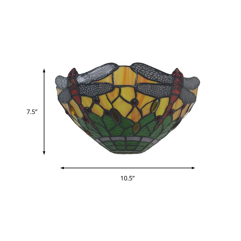 Bowl Shade Wall Light with Dragonfly Pattern 1 Light Rustic Stained Glass Sconce Lighting