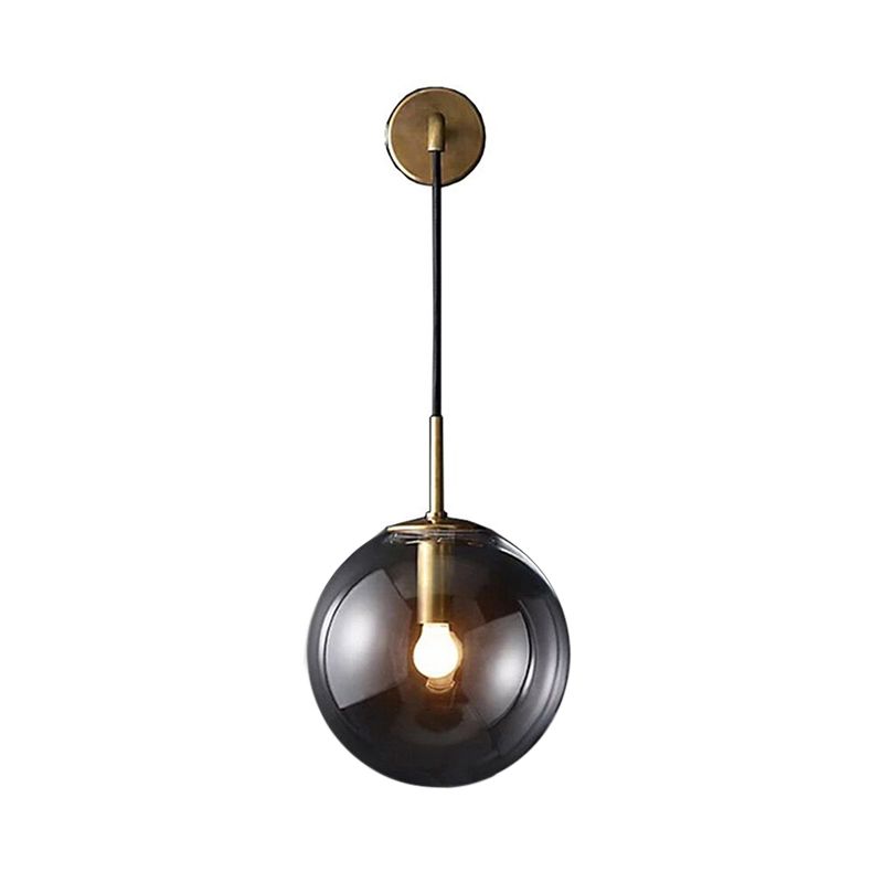 Modern Spherical Wall Lighting Fixture 1 Bulb Smoked Glass Sconce Light in Black/Brass for Living Room, 8"/10"