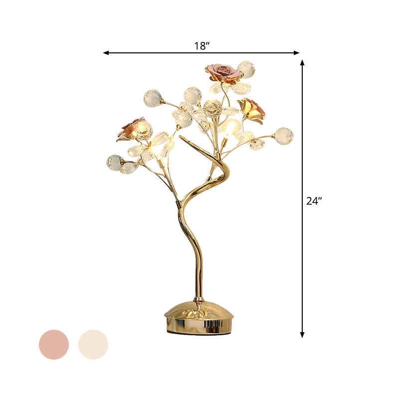 White/Pink Floret Table Lighting Pastoral Style Crystal 3 Heads Lounge Night Lamp with Ceramic Accent