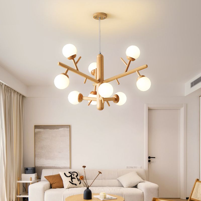 Lampadario ramo di legno moderno a ciondolo multi-testa con tonalità di vetro bianco