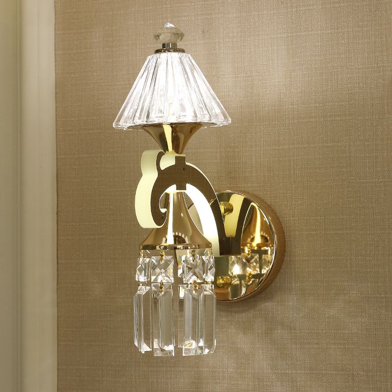 Gold 1/2-Bulb Wall Mounted Lighting Postmodern Crystal Conical Wall Sconce with Dangling Rods