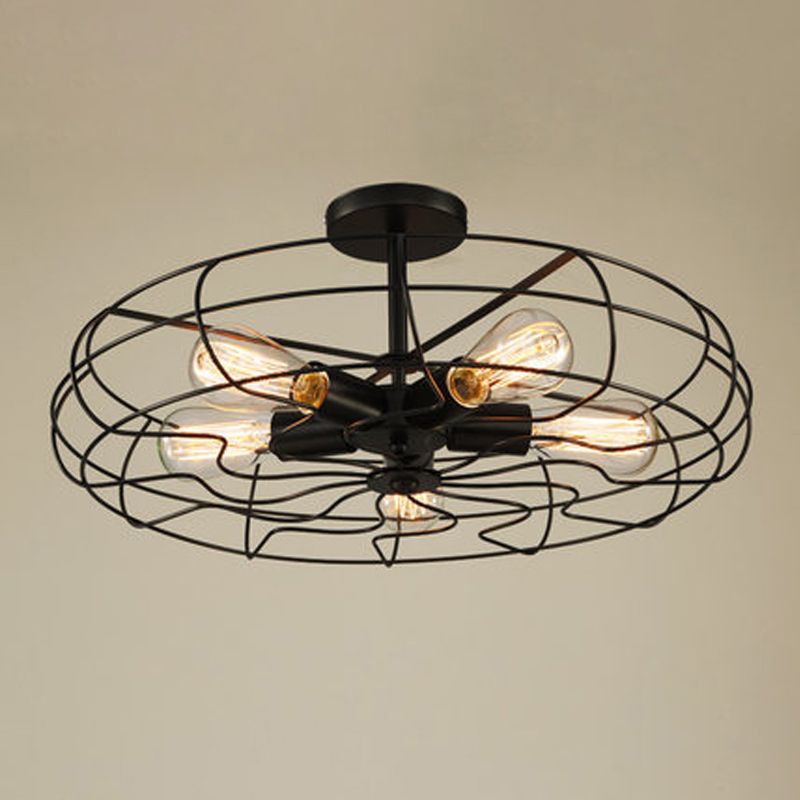 Iron Wire Round Suspension Lamp Industrial 5-Head Bedroom Chandelier Light in Black