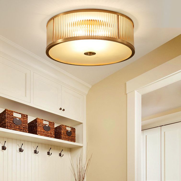 Lampada da soffitto circolare da incasso in vetro rigato Illuminazione coloniale da incasso in oro per camera da letto