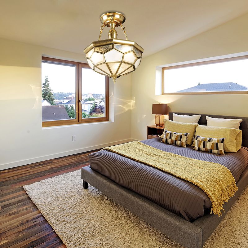 Brass 3/4 Heads Semi Flush Mount Colonialism Sandblasted Glass Dome Ceiling Fixture for Dining Room, 13"/16" W