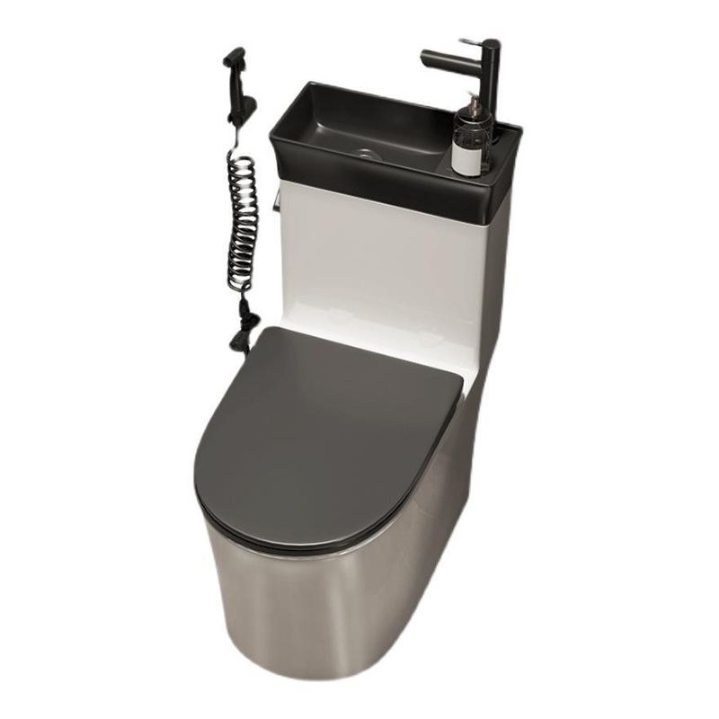 1-Piece Elongated Flush Toilet Ceramic Toilet Bowl with Wash Basin