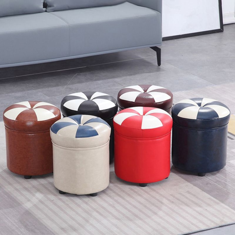 Modern Pouf Ottoman Faux Leather Tufted Geometric Printed Cylinder Shape Ottoman