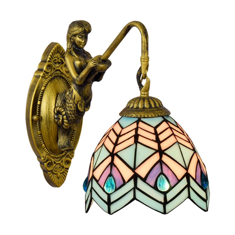 Peacock Tail Sconce Light Tiffany Multicolor Stained Glass 1 Head Antique Brass Wall Mount Light