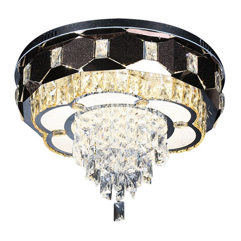 LED Crystal Flush Mount Light Modernism Stainless Steel Tapered Bedroom Ceiling Fixture with Floral Edge