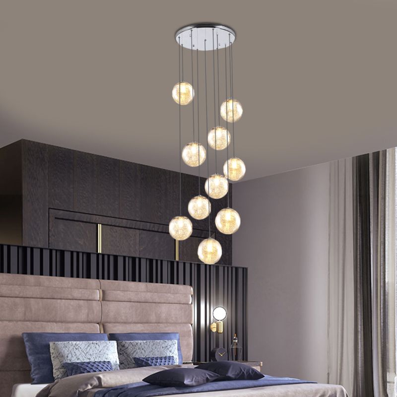 Contemporary Sphere Ceiling Lamp 10 Lights Amber Glass Multi Light Pendant for Bedroom