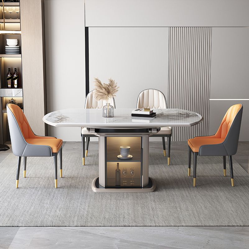 Stone Tabletop Round Extendable Dining Table in White with Storage