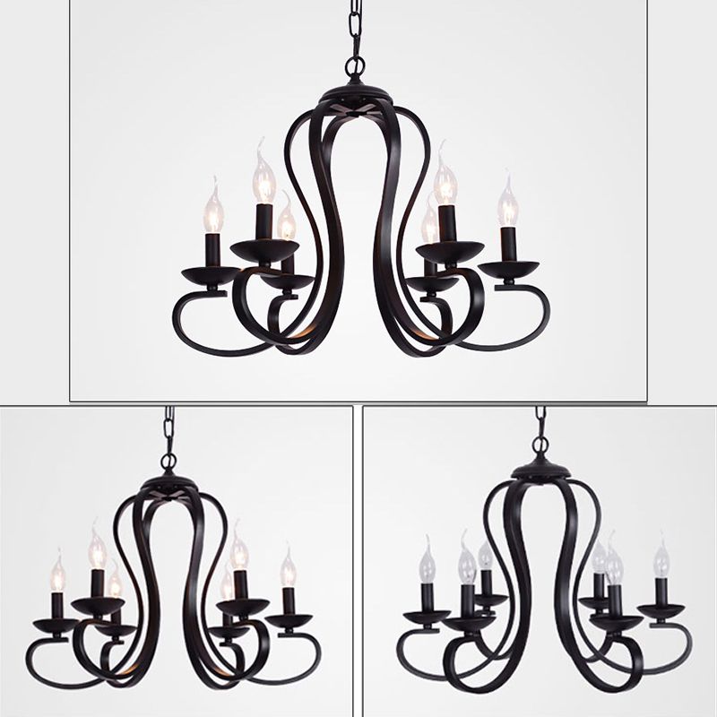 Iluminación colgante de brazo remolino negro de metal de estilo clásico 3/5/6 Lights Lights Living Chandelier